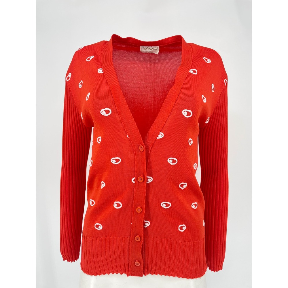Vintage 70s Orange Graphic Dot Cardigan ILGWU Mod Knit Fitted Small Medium USA